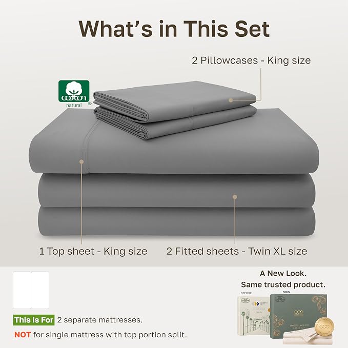 California Design Den Luxury 600 Thread Count Split King Sheet Set, 5 Pcs | 100% Cotton Sateen, Good Housekeeping Seal, Split King Sheets Sets for Adj. Bed with 2 Sep. Twin-XL Mattresses - Mist Grey