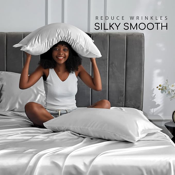 MR&HM Satin Sheets King Size with Elastic Corner Straps, Silver Grey | Similar to Silk, 6-Piece Silky Soft Bed Sheet Set, Gentle on Skin and Hair, 15" Deep Pocket, Cooling & Breathable