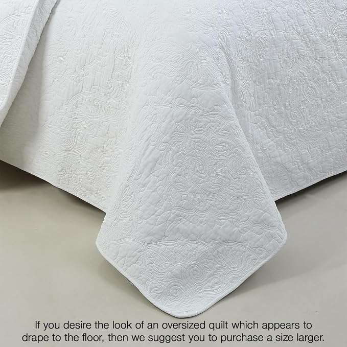 Cozy Line Home Fashions Solid White 100% Cotton Quilt Set, King | 3-Piece, Textured Damask Stitch, King Shams, All Season