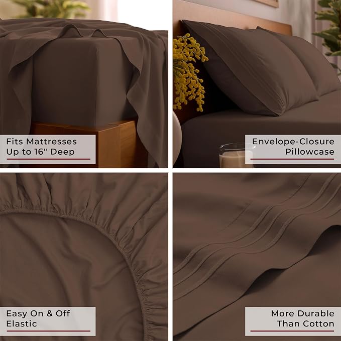 Mellanni Iconic 4-Piece, Ultra Soft Sheet Set (Queen, Brown) | 10M+ Sleepers. Lab-tested: Sleeps Cool, Stays Bright, Strong, Smooth. Good Housekeeping Best Bedding, 7 yrs running.