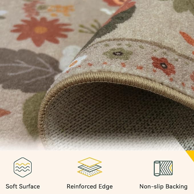 RELEANY Floral Washable 6x9 Area Rugs Brown/Brick | Flower Carpet, Print, Boho, Non-Slip, Easy to Clean, Soft, Low Pile for Living Room Bedroom Kitchen Office Entryway Hallway