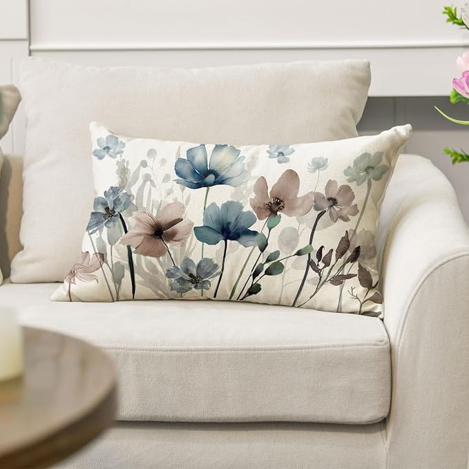 AVOIN colorlife Poppy Flowers Blue Brown Throw Pillow Cover 12x20 Inch | Chinoiserie Seasonal Leaves Cushion Case Decoration for Sofa Couch Farmhouse