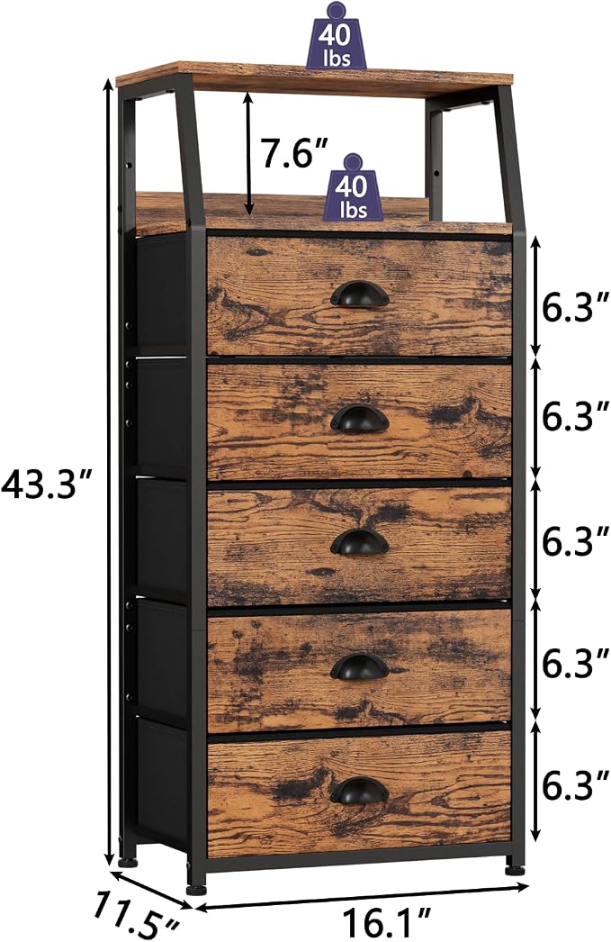 Furnulem Dresser for Bedroom, 5 Drawers Tall Nightstand, Chest of Drawers | Rustic Brown Dresser for Closet, Bedside Table with Fabric Drawer, Metal Frame, Wood Top, Easy Assembly for Dorm, Living Room