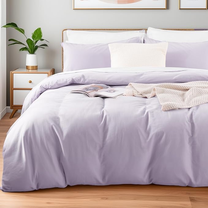 NEXHOME PRO Full Duvet Cover Set, 100% Washed Cotton with Linen-Like Texture, Natural Organic, Breathable & Comfortable, Includes Home Bedding Set Lilac (No Comforter) 80"x90"