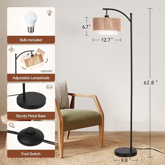 SUNMORY Arc Floor Lamps for Living Room, Rattan Standing lamp with 12W Bulb | Arched LED Lamp with 3 Color Temperatures, Farmhouse Floor Lamps with Adjustable Shades, Boho Floor Lamp for Bedroom, Corner