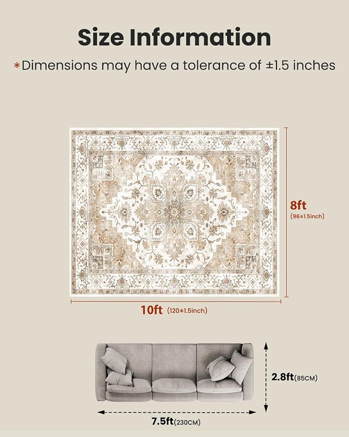 Amada 8x10 Area Rugs, Low-Profile Large Washable Area Rug with Non-Slip Backing & Durable Edge Binding, Vintage Rugs for Living Room, Bedroom, Dinning Room