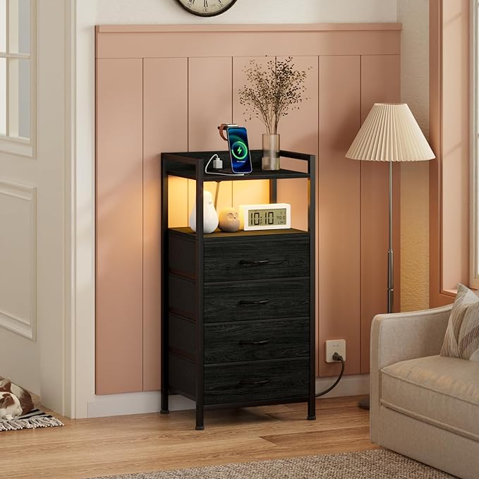 Furnulem Night Stand with Charging Station,LED,Tall Bedside Table for Dorm | 4 Drawer Dresser for bedroom, with LED light & Remote Control, Fabric Bins and Metal Frame,Wood Desk Top,Easy Assemble,Black