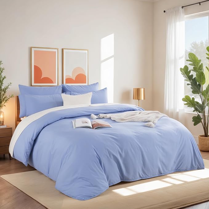 NEXHOME PRO Queen Duvet Cover Set, 100% Washed Cotton with Linen-Like Texture, Natural Organic, Breathable & Comfortable, Includes Home Bedding Set Baby Blue (No Comforter) 9090