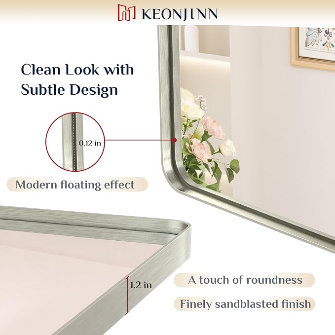 Keonjinn 20 x 30 Inch Brushed Nickel Bathroom Mirrors for Over Sink | HD Tempered Glass, Silver Vanity Mirror, Rust-Resistant Aluminum Frame, Rounded Rectangle, French Cleat Mount, Home Décor