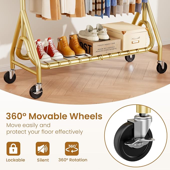 Heavy Duty Clothes Rack for Hanging Clothes, Double Rods Clothing Rack with Lockable Wheels, Rolling Garment Racks with Shelf, Easy to Assemble, Gold