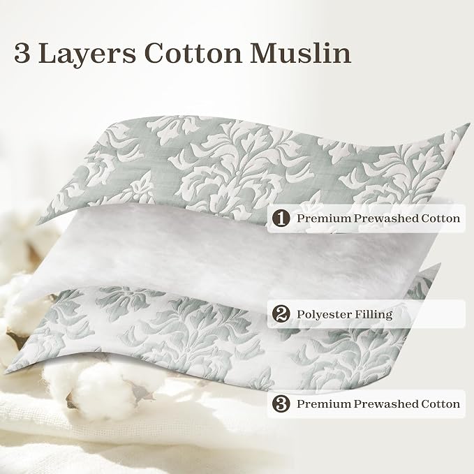 Exclusivo Mezcla Cotton Quilts Queen Size Sage Green | Soft Lightweight Bedspread, Breathable Prewashed Yarn Dyed Muslin, All Season Bedding Set, Boho Coverlet With 2 Pillow Shams