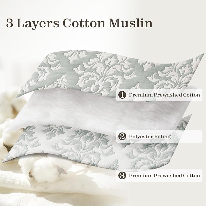 Exclusivo Mezcla Cotton Quilts Twin Size Sage Green | Soft Lightweight Bedspread, Breathable Prewashed Yarn Dyed Muslin, All Season Bedding Set, Boho Coverlet With 1 Pillow Sham