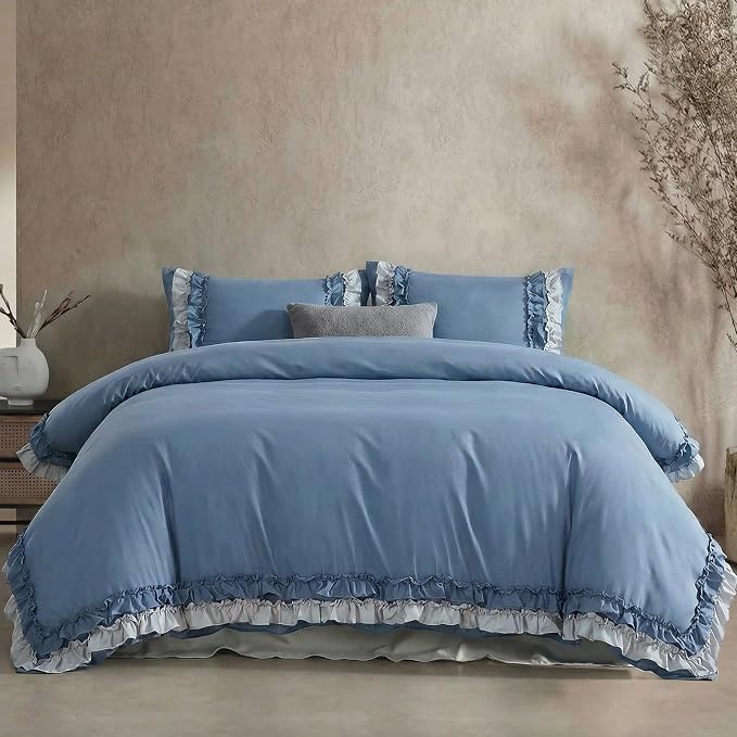 Blue Ruffle Duvet Cover Set Shabby Chic Boho Bedding King Elegant Lace Fringe Ruffled Bedding Super Soft Lightweight All Season Duvet Cover with Pillowcases