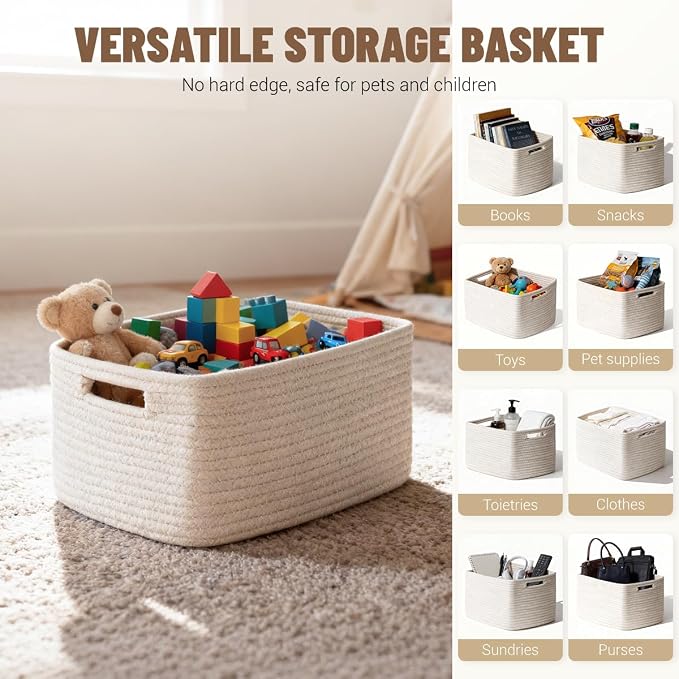 5 Pack Woven Storage Baskets, Decorative Storage Bins for Organizing | 13.8'' × 9.8'' × 7.9'', Soft Cotton Rope Basket Organizer for Closet, Shelves, bathroom, Nursery, Toys, Books, Pantry, White