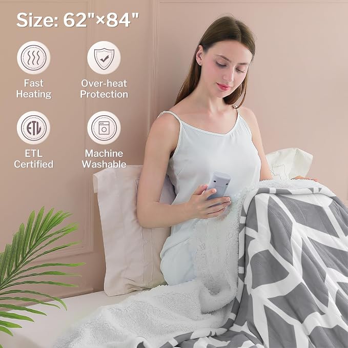 VENTIMI Heated Blanket Twin, 9 Heat Levels & 2-10 Hours Auto Off, Grey | ETL & FCC, Fast Warming, 62" × 84", Flannel and Sherpa, Couch Bed Use, Machine Washable, Removable Controller