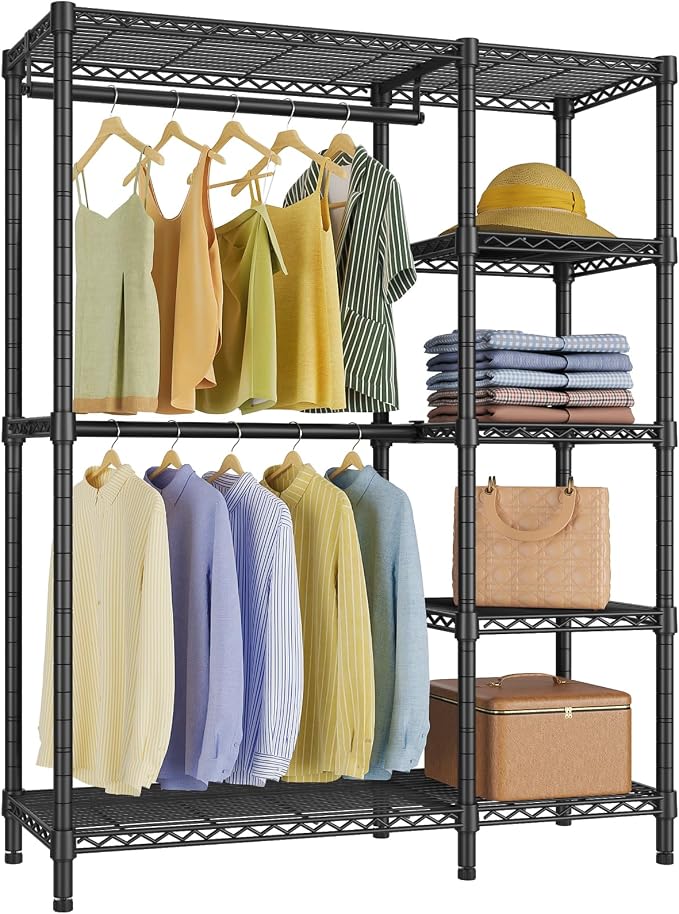 VIPEK V7 Clothes Rack with Shelves Heavy duty Closet for Hanging Clothes | 5 Tiers Adjustable Wire Shelving, Double Hanging Rods, 670lbs Metal Closet System, Space-Saving Storage for Home, Black