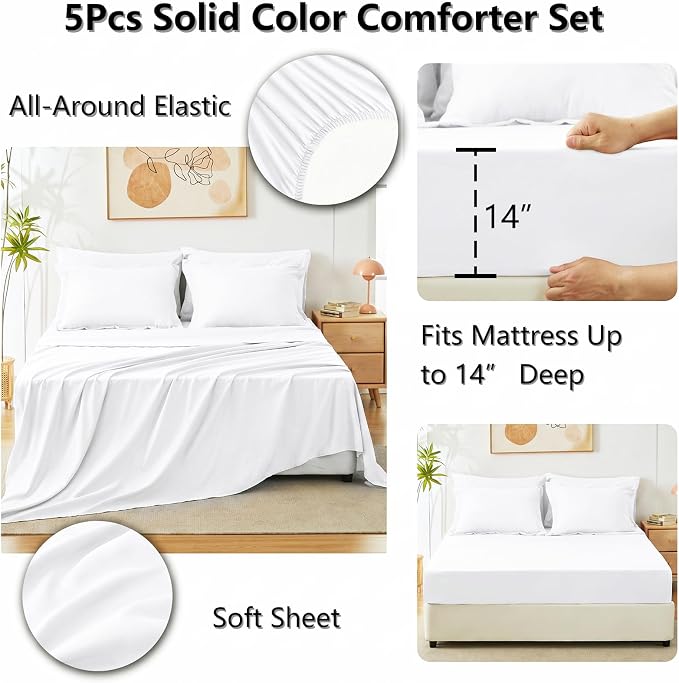 Twin XL Comforter White, 5 Pieces Bed in a Bag | College Dorm Essentials, OEKO-TEX Certified, 240GSM Down Alternative Comforter, Flat & Fitted Sheets, Pillowcase & Sham