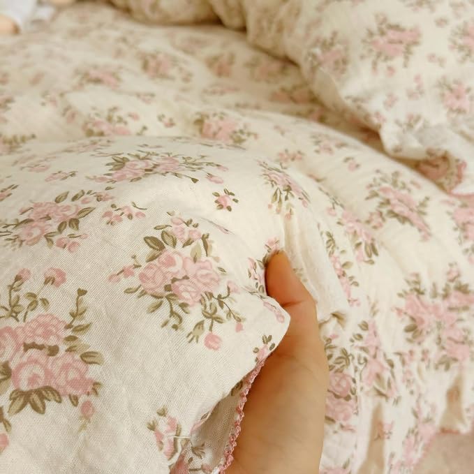 Vintage Floral Queen Duvet Cover Cotton Muslin Comforter Cover with Ruffles, Soft Lightweight Gauze Bedding Quilt Cover 90"x90", No Pillow Case, Zipper & Corner Ties, Machine Wash