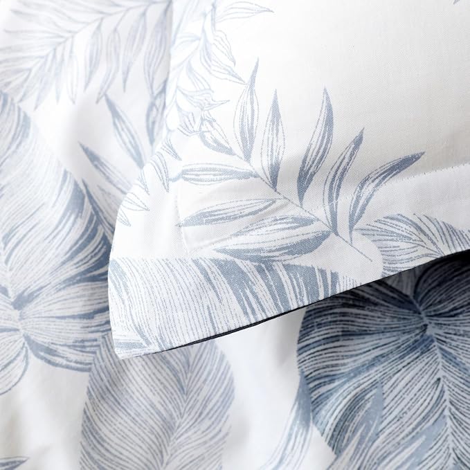 OAITE Queen Duvet Cover Set 3pcs 100% Cotton with Light Blue Tropical Leaf | Soft, Breathable,Long-lasting,Comfort,Hidden Zipper,8 Corner Ties,Easy Care for All Season