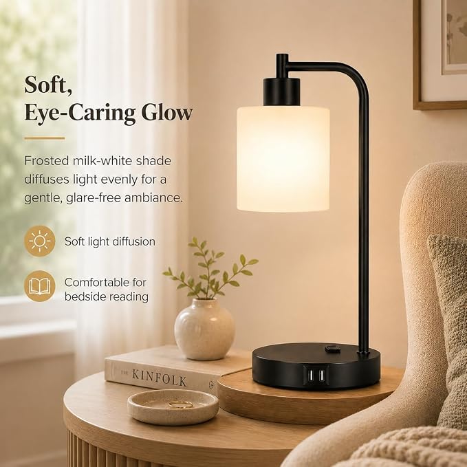 Set of 2 Industrial Touch Control Table Lamps with 2 USB Ports and AC Outlet - 3-Way Dimmable Black Bedside Lamp Nightstand Desk Lamps for Bedroom Living Room, Opal Glass Shade & 2 LED Bulbs Included