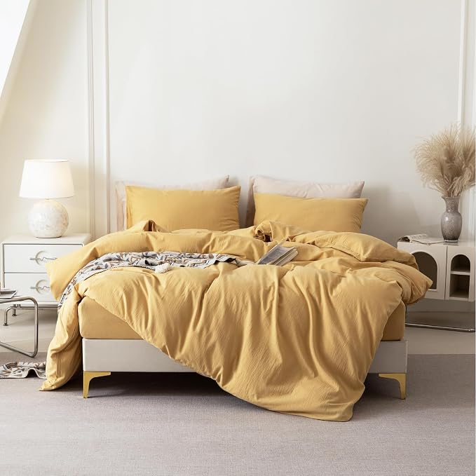 BDEAR 3Pcs Ginger Yellow Duvet Cover Set King Size 104" W x 90" L, Oeko TEX | 100% Washed Cotton, 1 Duvet Cover with 2 Pillowcases, Zipper Closure, 8 Corner Ties,Linen-Liked Texture, Skin Friendly