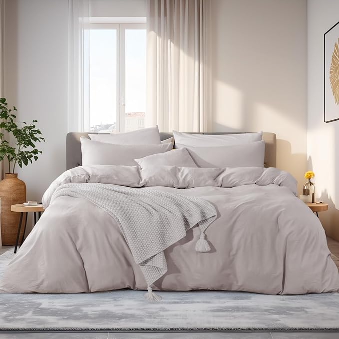 NEXHOME PRO Duvet Cover Full Size, 100% Washed Cotton Orgnic Linen Like Textured Breathable Durable Comfy, 3 PCs Home Bedding Set