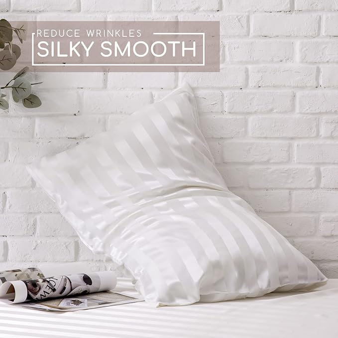 MR&HM Satin Sheets King Size with Elastic Corner Straps, Ivory Striped | Similar to Silk, 4-Piece Silky Soft Bed Sheet Set, Gentle on Skin and Hair, 15" Deep Pocket, Cooling & Breathable