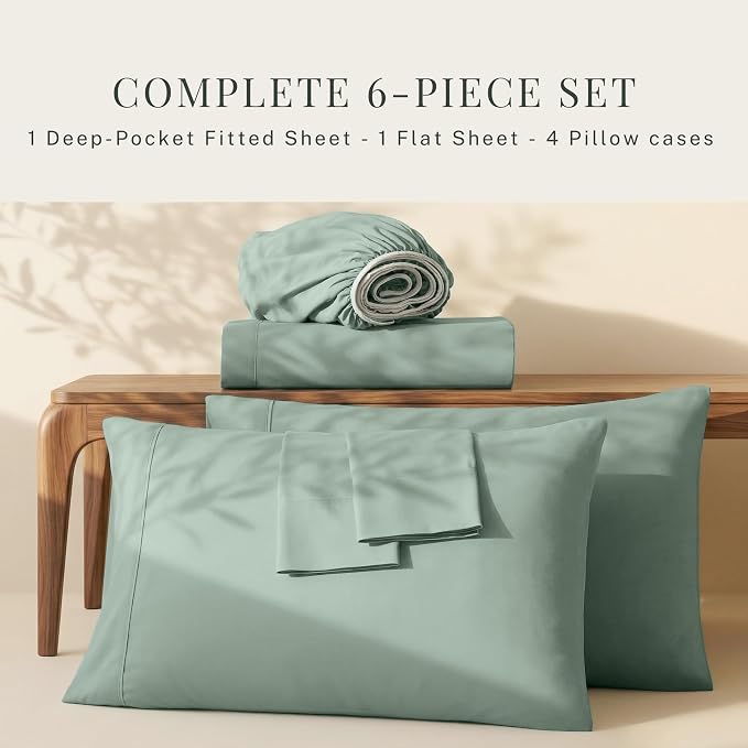Hearth & Harbor Bed Sheets, Luxury Soft 6 Piece Bed Sheet Set Extra Deep Pocket Fitted Sheets Fits Mattress up to 21", Double Brushed Bedding Sheets & Pillowcases, Twin XL, Ice Green