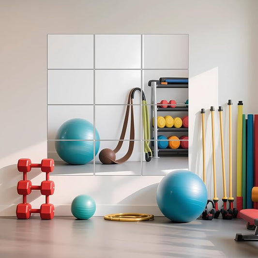 Wall Mirror Tiles, 16" x 12" x 12PCS Home Gym Mirror Tiles Frameless Glass | Workout Mirror Tiles for Garage, Bedroom, Living Room, Over The Door, Frameless Mirror Sets