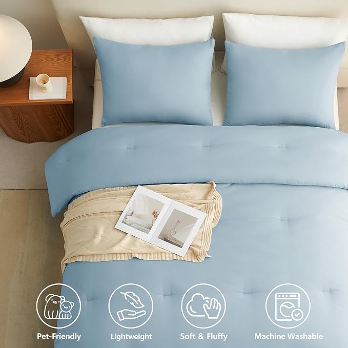 Twin Comforter Set, 2 Pieces Down Alternative Bedding, Light Blue | 270 GSM Twin XL College Dorm Comforter with 4 Corner Ties Use as a Duvet Insert, OEKO-TEX Certified, 1 Pillowcase, 68 x 88 in