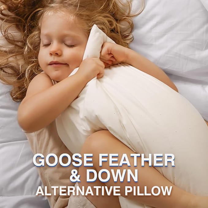 Feather Pillows Queen Size Set of 2 - Goose Down Hotel Bed Pillow for Sleeping, Soft Organic Cotton Shell Cover, Fluffy Support Surround Fill Polyester for Side, Back and Stomach Sleepers