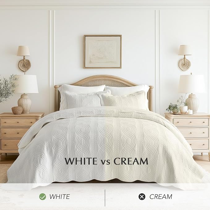 100% Cotton Scallop Quilt Set, King Size, Bright White | Scalloped Border, Timeless Chic Aesthetic, All-Season Comfort, Perfect French Country Bedroom Decor, 3 Piece Set with 2 Shams