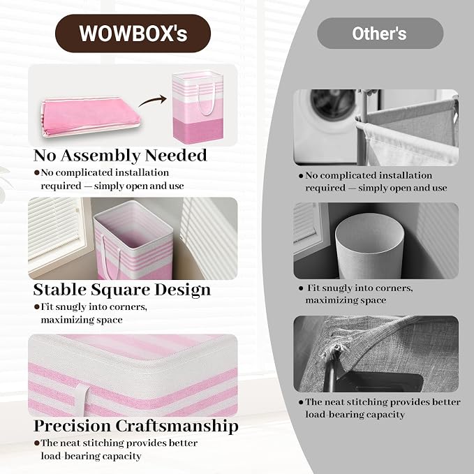 WOWBOX 2 Pack Laundry Baskets, Collapsible Dirty Clothes Laundry Hampers | with Reinforced Handles, Waterproof Coating, 2 Pack for Clean & Dirty Clothes, for Bedroom, Bathroom, Dorm (75L Pink)