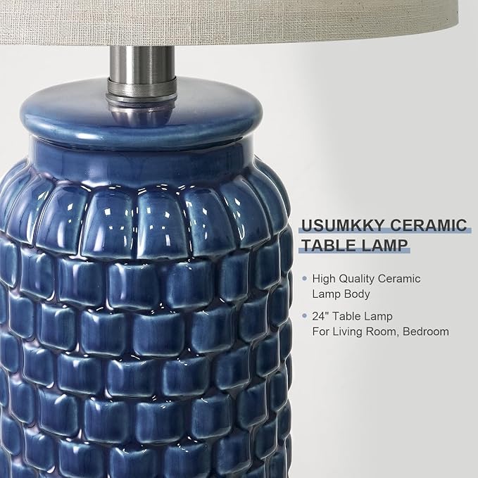 USumkky 24 inches Modern Ceramic Dark Blue Bedside Lamp Set of 2 for Bedroom Decor Farmhouse Table Lamp for Living Room Office Dorm