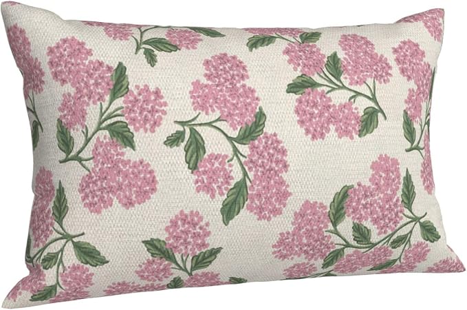 Preppy Pink Pillow Covers 12x20 Inch 2 Pcs Green Hydrangea Flower Decor Throw Pillows Vintage Floral Seasonal Spring Summer Outdoor Decoration Pillowcase Linen Cushion Cover for Couch Sofa