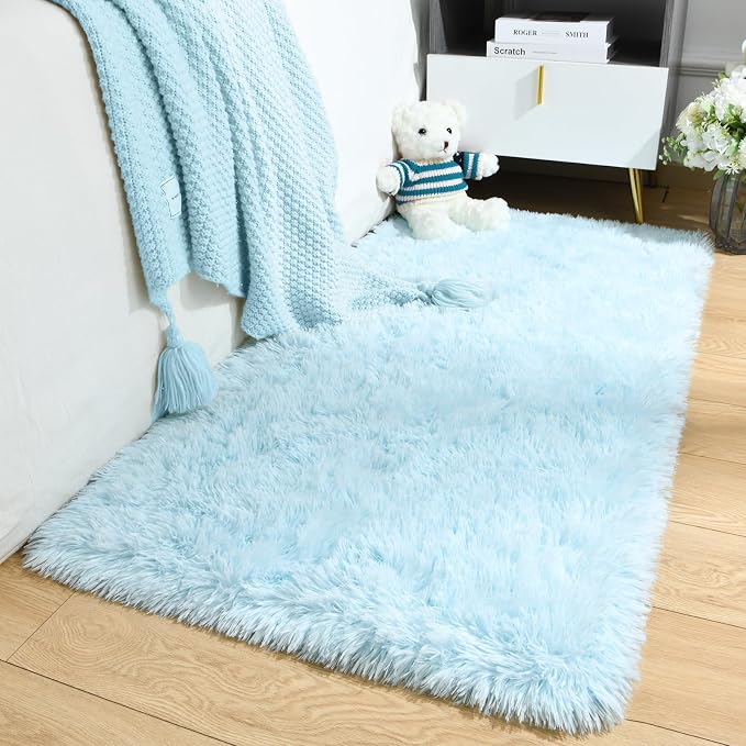 Fluffy Rug Shaggy Area Rug, Baby Blue 2x4 Area Rugs for Bedroom, Small Kids Bedside Rug, Soft Shaggy Entryway Throw Rugs for Living Room Bedroom Nursery Room Home Decor Aesthetic