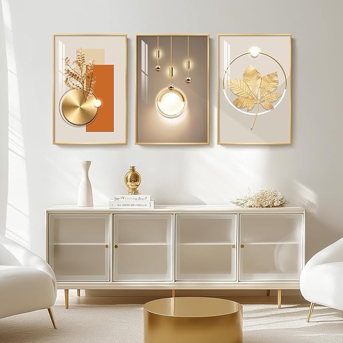 Cuspin Large Modern Luxury Wall Art for Living Room, 3 Piece 24x36 In | Soild golden framed prints, Crystal coating wall paintings, Big geometric wall art for bedroom dining room hallway