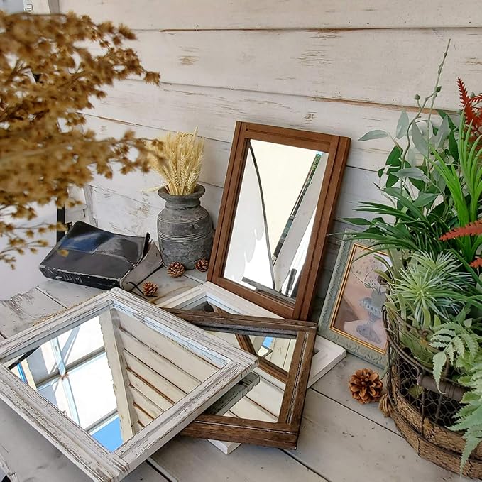 AAZZKANG Wall Mirror Rustic Wood Framed Rectangle Mirrors for Wall 16"x12‘’ | Decorative for Bedroom Bathroom Living Room Entryway Farmhouse Hanging Small