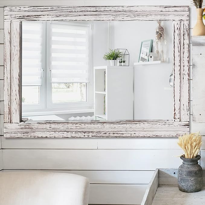 AAZZKANG Large Wall Mirrors with Rustic Wood Framed 28"x20" Rectangle | Decorative Farmhouse Bedroom Bathroom Living Room Entryway