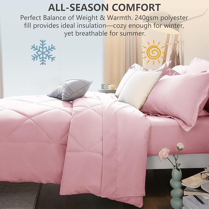 Full Size Comforter Sets Pink - 7 Pieces Complete Bedding Set | OEKO-TEX Certified, All Season, 240GSM Down-Alternative Comforter, Sheets, Pillowcases & Shams, 14" Deep Pocket, Easy Care