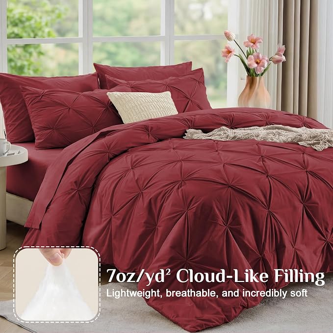JOLLYVOGUE King Size Comforter Set 7 Pieces - Bed in a Bag King for All Season, Pintuck Bedding Comforter Sets with Comforter, Flat Sheet, Fitted Sheet and Pillowcases & Shams, Burgundy