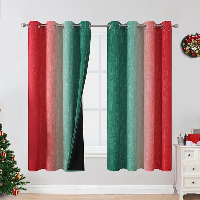 Red and Green Ombre Blackout Curtains 52Wx63L 2 Panels | Ombre Christmas Curtains for Bedroom,Thermal Insulated,Room Darkening,Energy Saving,Grommet Window Drapes for Living Room