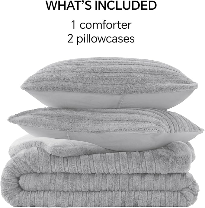 BEDELITE Faux Fur Queen Comforter Set, Fluffy Bed Set, Light Grey | Super Soft & Warm, Luxury Fuzzy Cozy Comforter for Winter, Heavy Plush Bed set, with 2 Pillowcases
