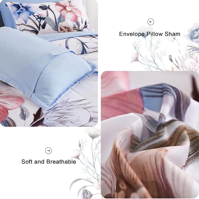 Floral Comforter Set King Size 7 Piece, Blue Flower Bed in a Bag, Elegant Floral Comforter with Sheet Set, Soft Microfiber Bedding Set for All Season (Blue, 104"x90")
