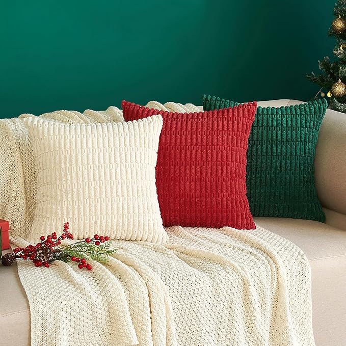 MIULEE Corduroy Decorative Throw Pillow Covers 18x18 Red Pack of 2 | Soft Boho Striped Pillow Covers Modern Farmhouse Home Decor For Sofa Living Room Couch Bed