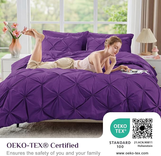 JOLLYVOGUE Queen Comforter Set 7 Pieces - Bed in a Bag Queen for All Season, Pintuck Bedding Comforter Sets with Comforter, Flat Sheet, Fitted Sheet and Pillowcases & Shams, Purple