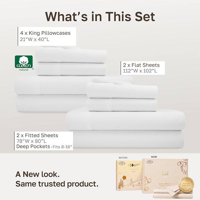 California Design Den 2-Pack Soft 100% Cotton Sateen King Sheets Set | 400 Thread Count Backed by Good Housekeeping Seal, 16" Deep Pocket, All-Around Elastic, Durable, Easy Care - Antique White