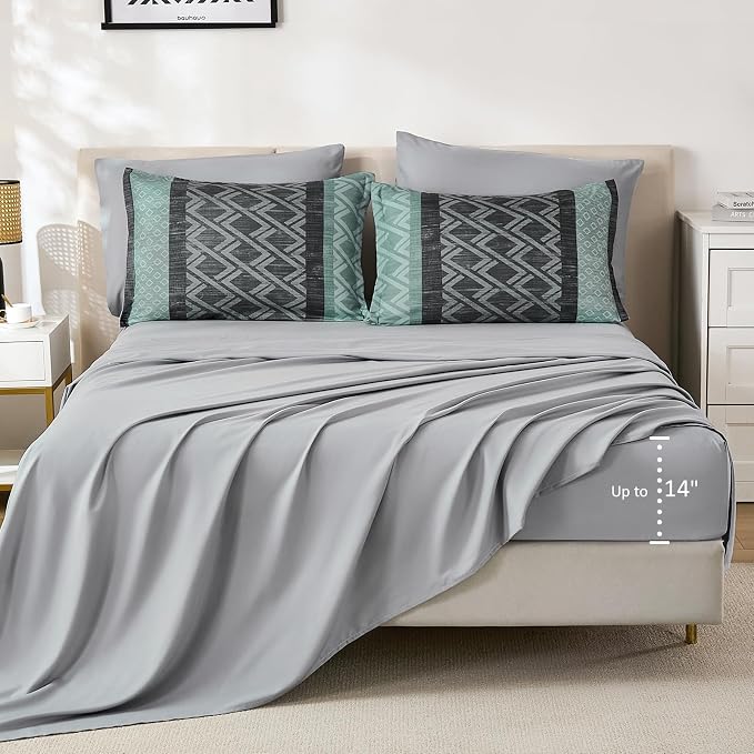 Boho Comforter Set Queen Size,Green and Grey Striped Bed in a Bag | 7 Piece Plaid Comforter Set,Soft Microfiber Bedding Sets