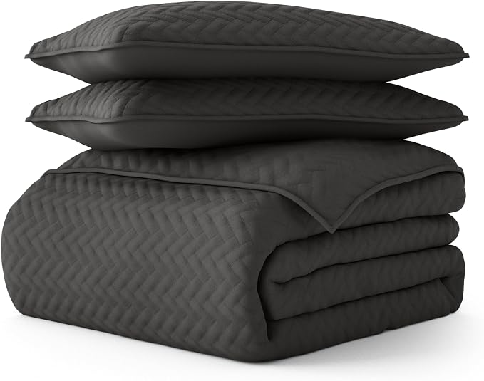 Merit Linens Classic Quilt Coverlet Soft Set in Herringbone Stitching - Full/Queen Gray