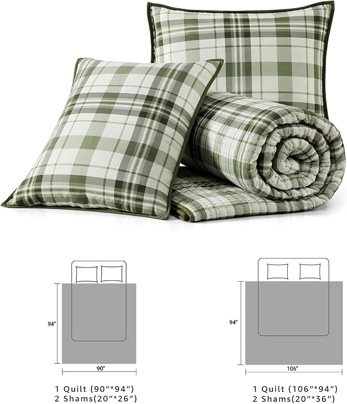 Queen Quilt-Lightweight Bedspread Plaid Quilt Queen Size Quilt Bedding Set | Reversible Lightweight Bedspreads Coverlet for All Seasons, Suitable for Bed, Couch, 3 Pieces, 90"x94"